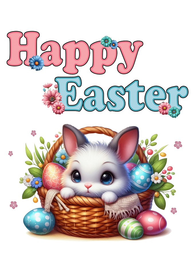 Happy Easter. Cute Easter Bunny in Basket with colorful Easter Eggs and Flowers