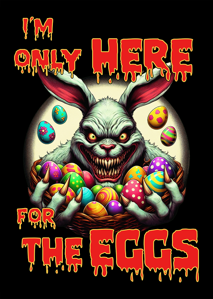 Creepy and Evil Easter Bunny with Colorful Easter Eggs. Easter meets Halloween.