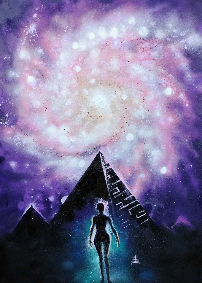 Alien Silhouette in Cosmic Landscape with pyramids and galaxy