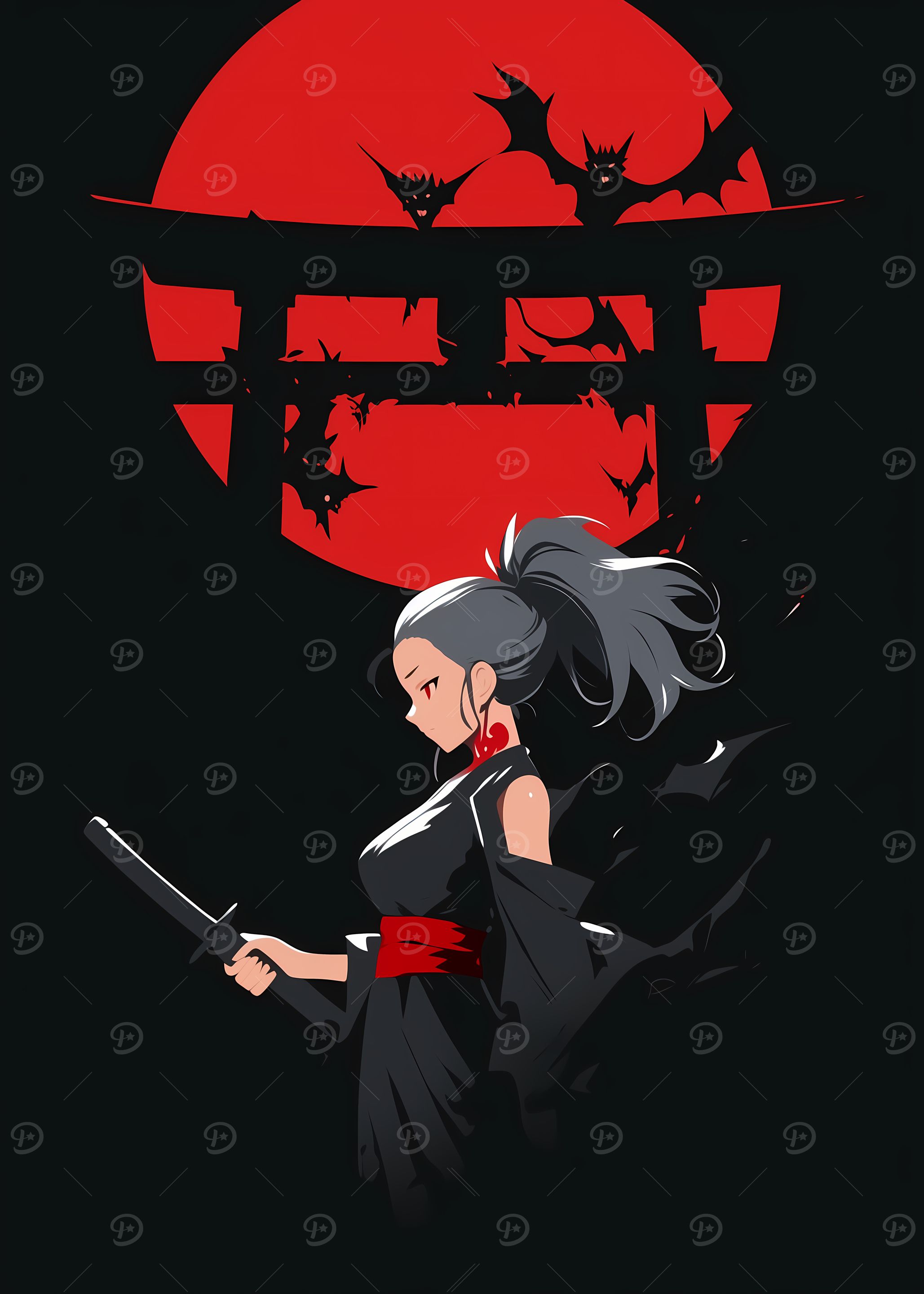 Samurai Woman with Red Moon