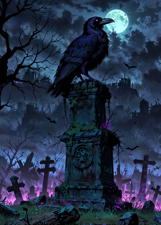 Cemetery Watcher: Raven on Tombstone