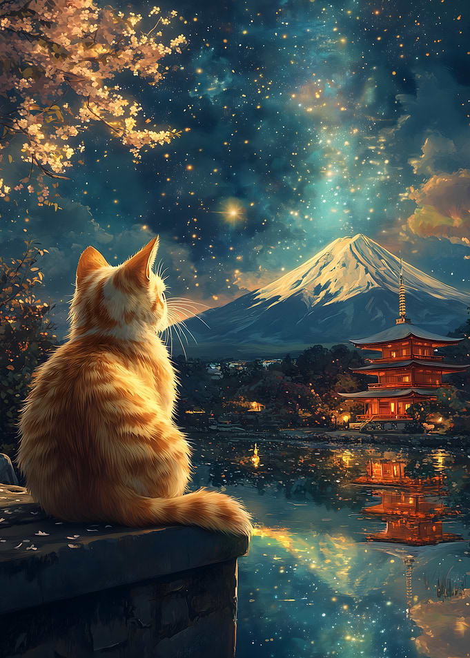Cat Gazing at Mount Fuji And Pagoda Japan Van gogh