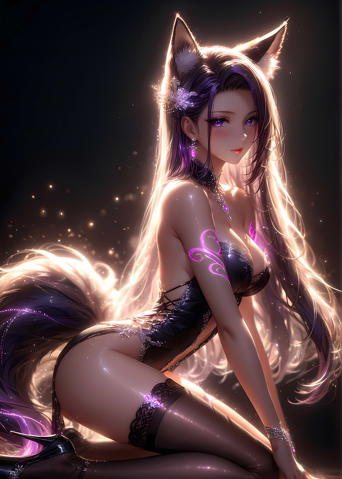 Anime Fox Girl in Black Dress