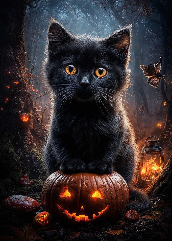 Black Cat on Jack-o'-Lantern