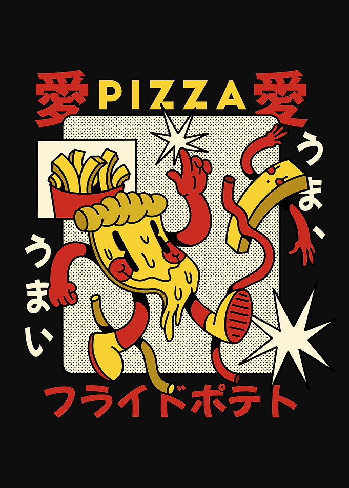 Retro Pizza & Fries Cartoon