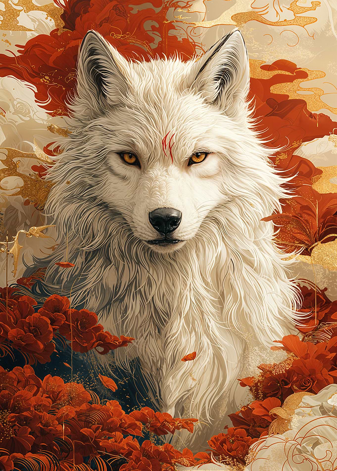 White Wolf with Red Flowers