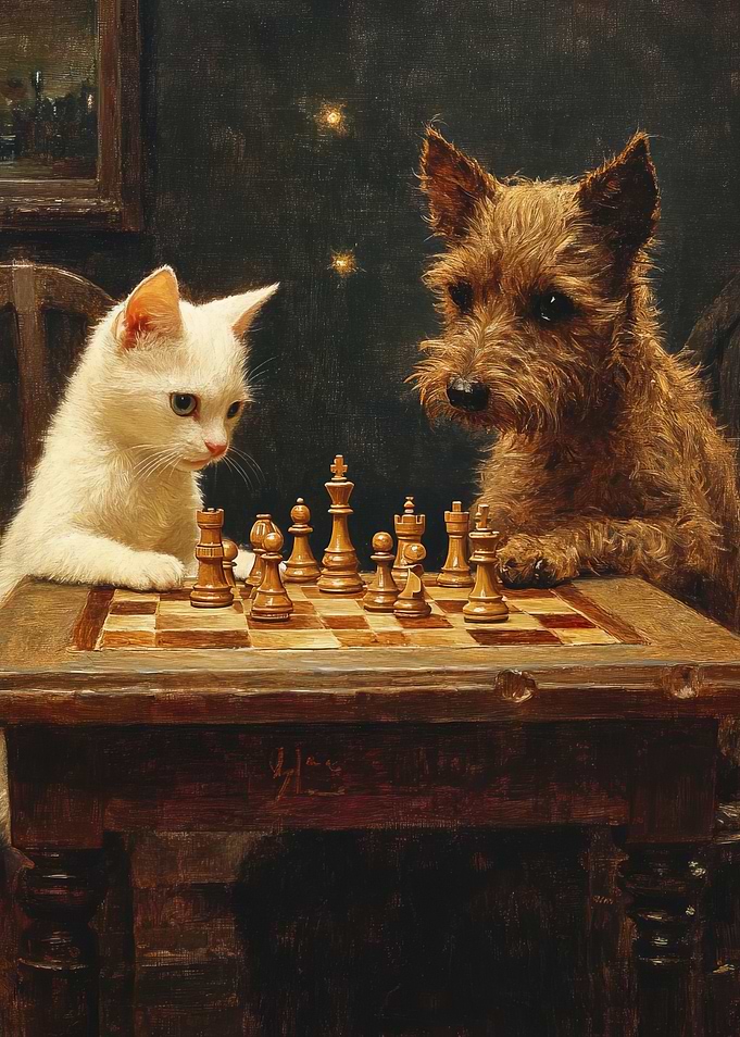Chess Playing Cat and Dog