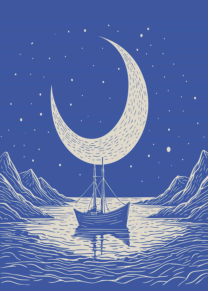 Crescent Moon Sailboat Lino Print in Blue