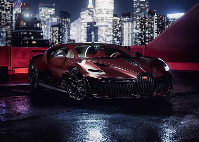 Burgundy Bugatti in Cityscape