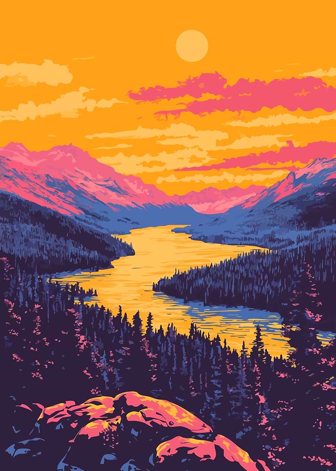 Retro Synthwave Sunset River Landscape