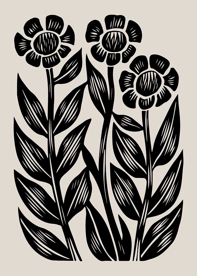 Floral Linocut Print Black and White Botanical Wall Art