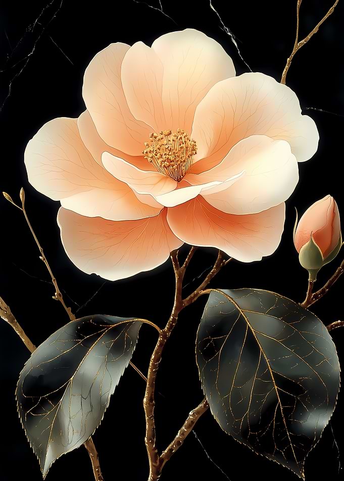 Peach Blossom on Black Japanese Landscape