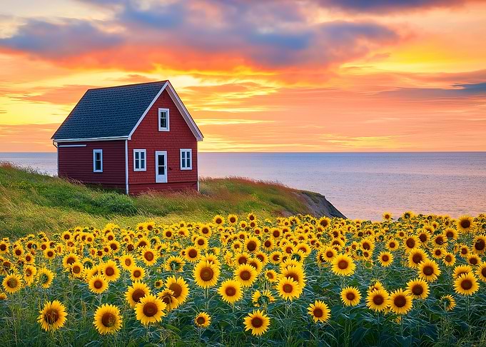 Red House by Sunflower Field at Sunset