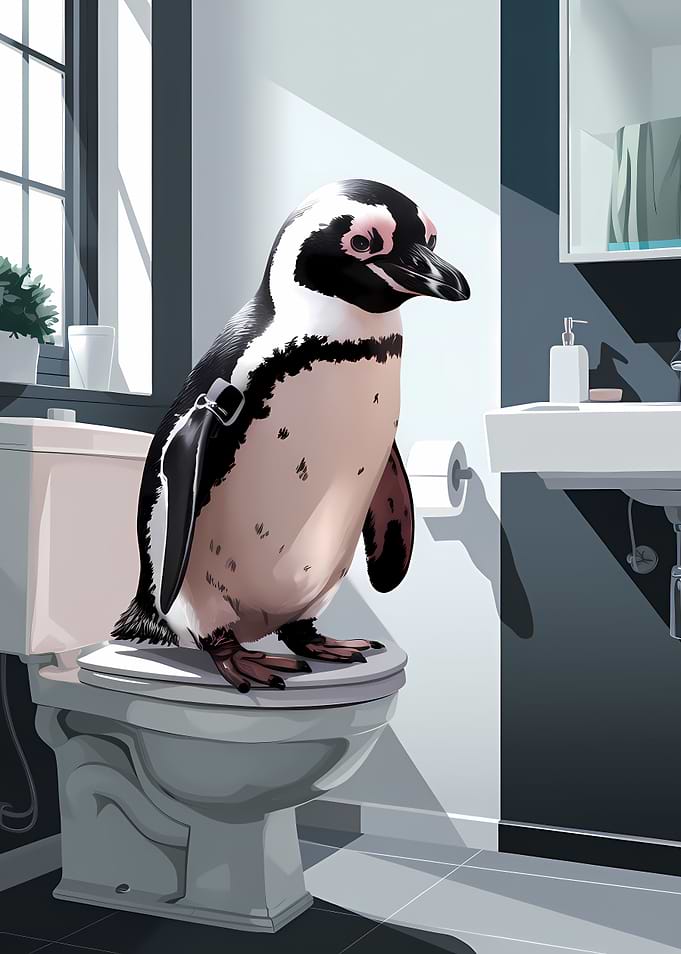 Penguin on Toilet Bathroom Art
