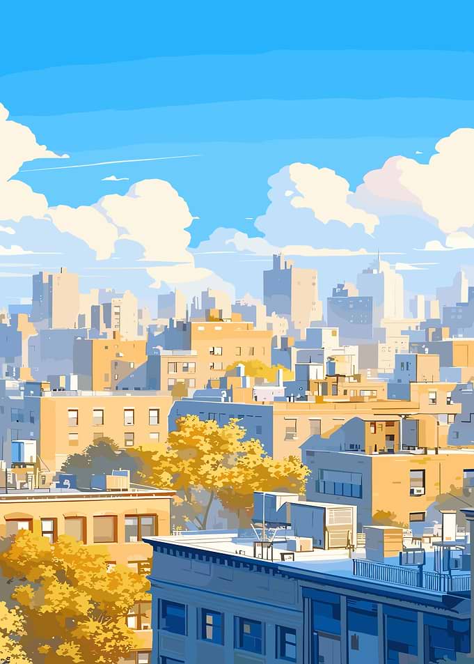 Cityscape with Golden Trees