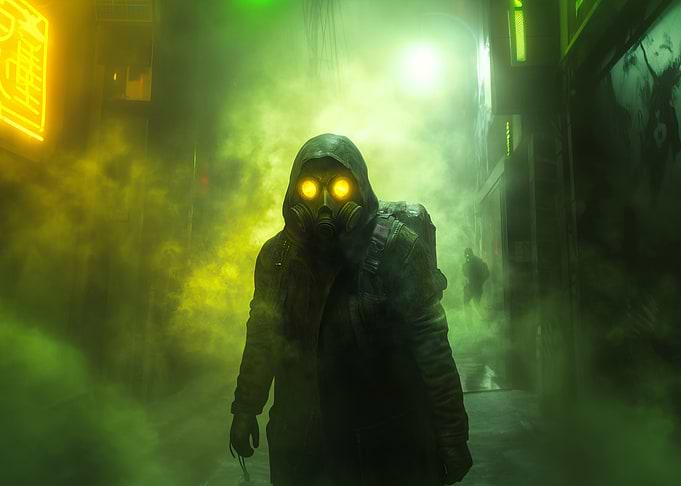 Gas Mask Figure in Foggy Alley