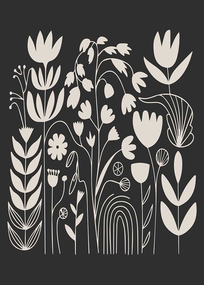 Monochrome Folk Garden Botanical Illustration in Black and White