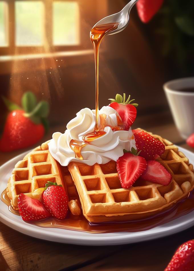 Waffles with Whipped Cream and Strawberries