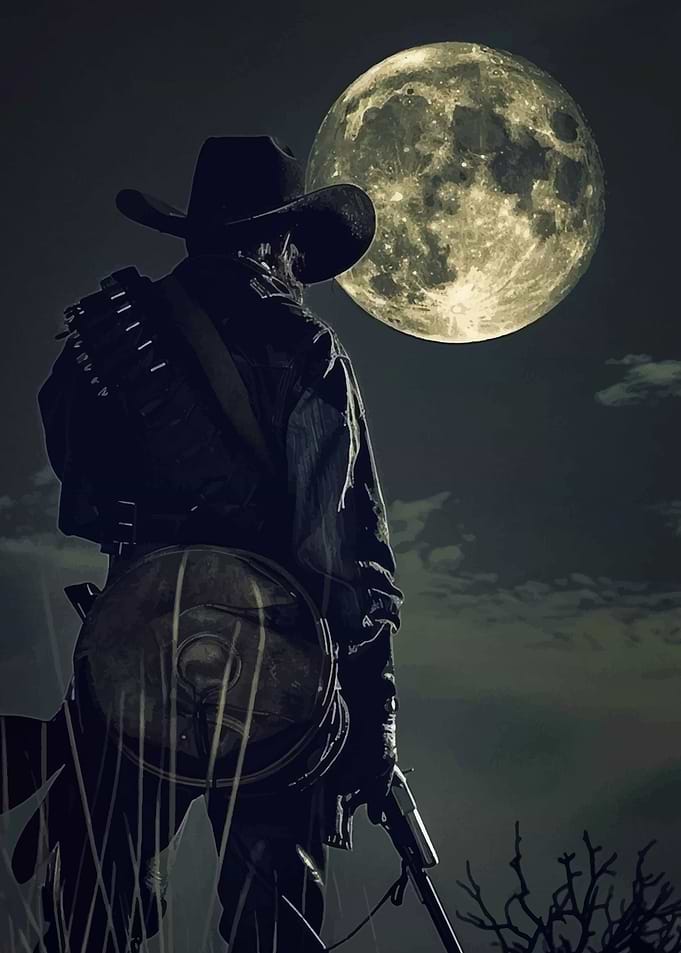 Lone Cowboy Under Full Moon