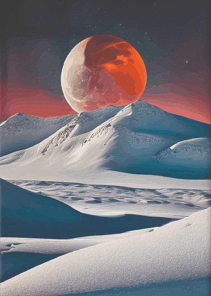 Red Moon Over Snowy Peaks