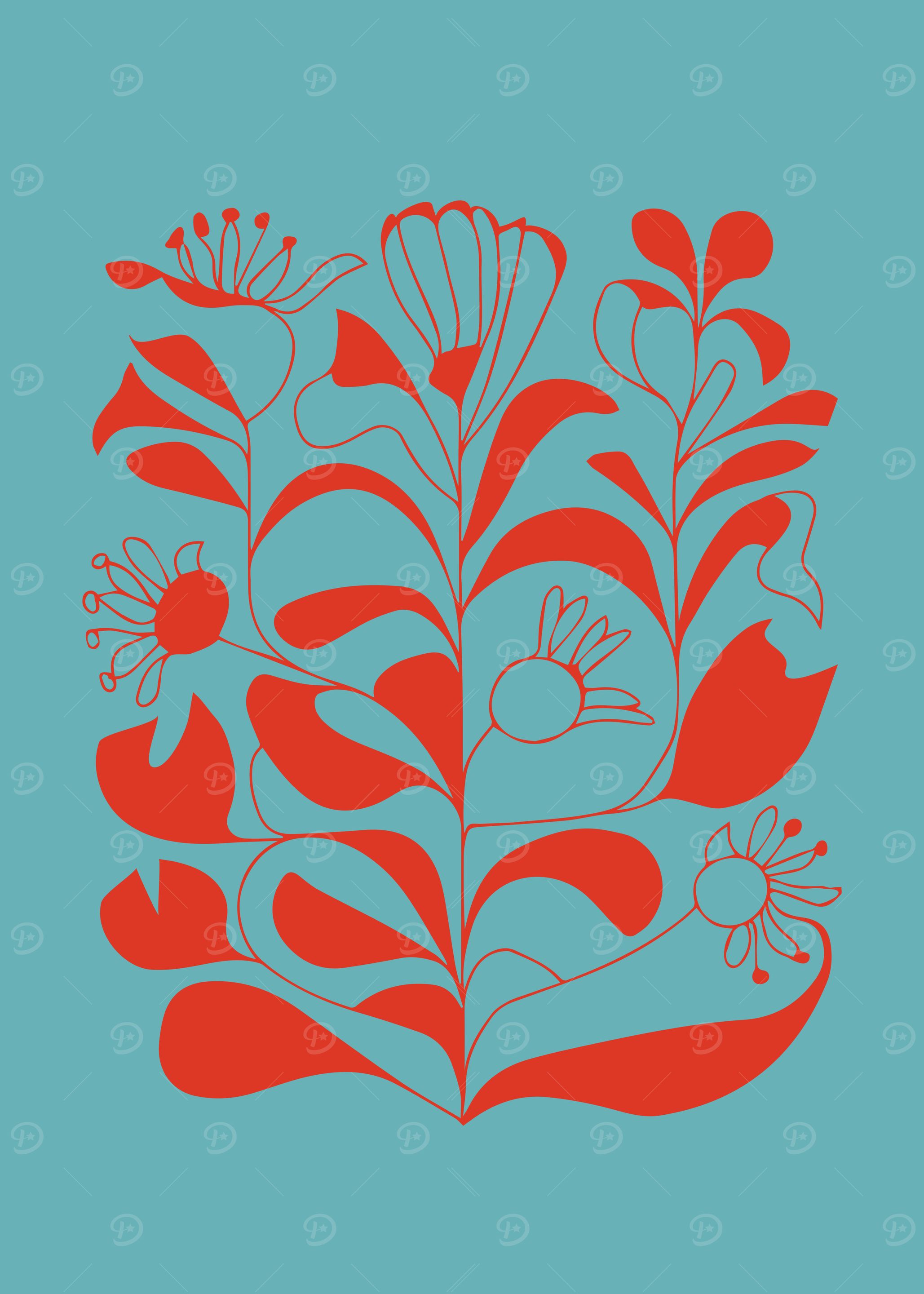 Vintage Folk Floral Illustration in Red and Teal