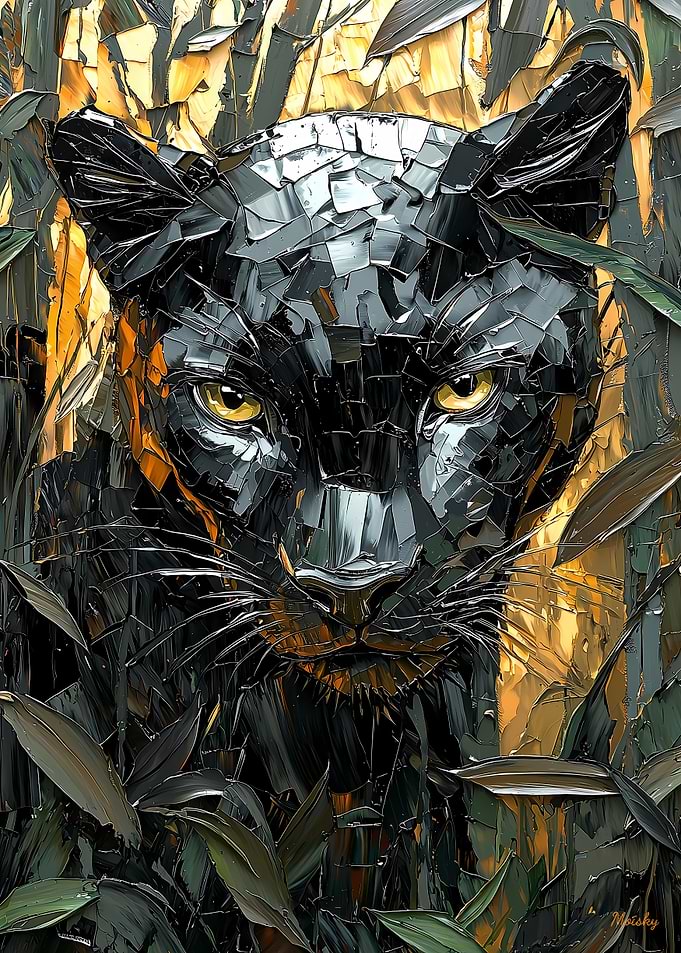 Fierce Black Panther in Golden Mosaic Art