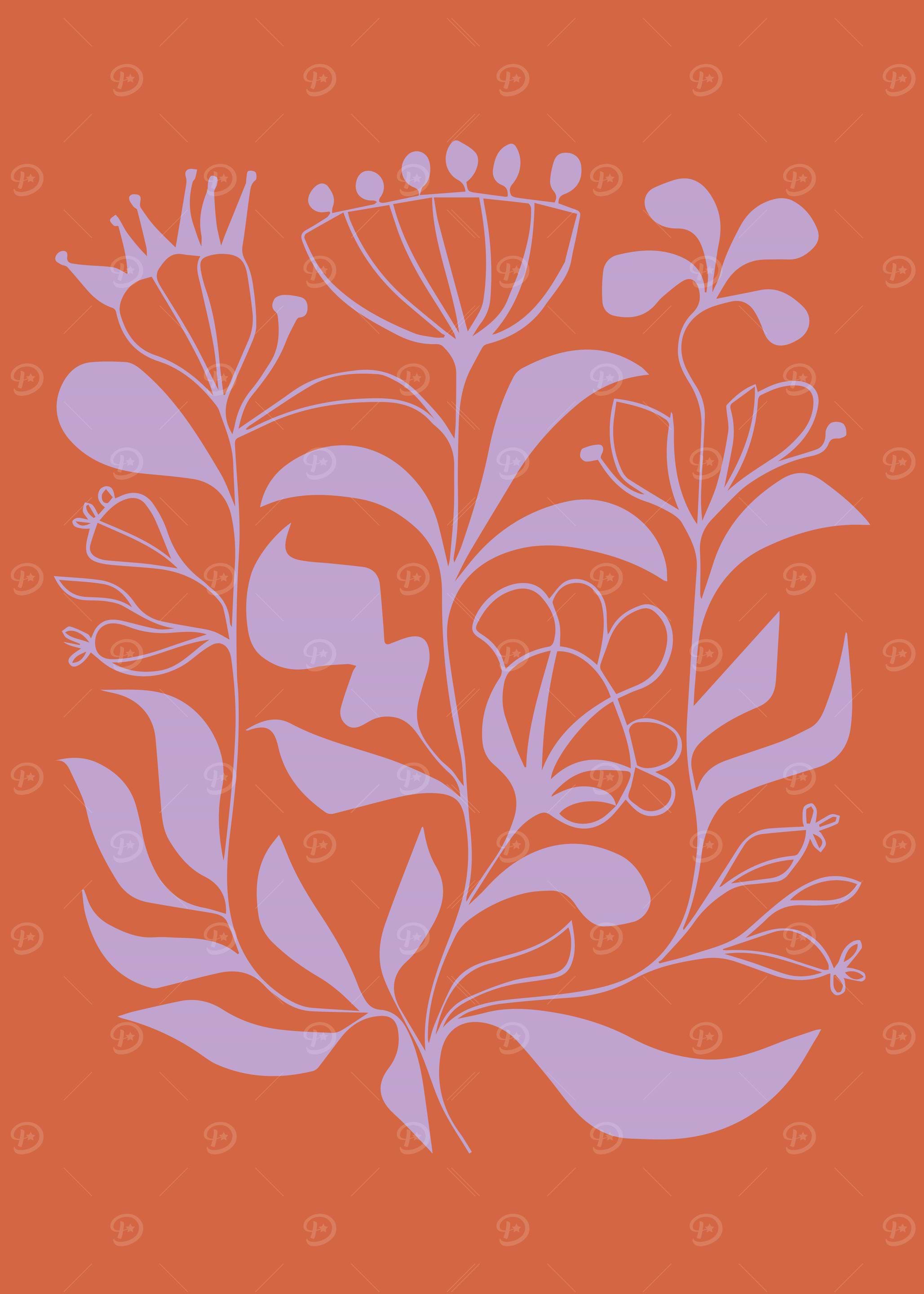 Quirky Floral Line Art in Orange and Lavender