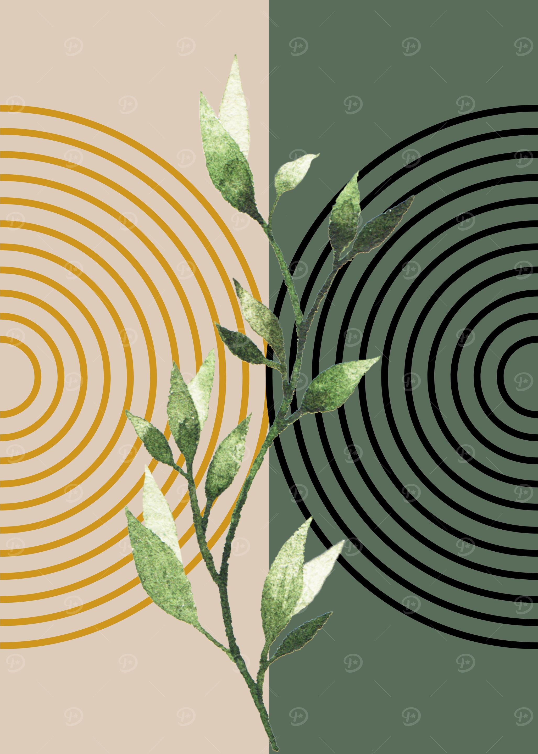 Green Branch with Geometric Circles