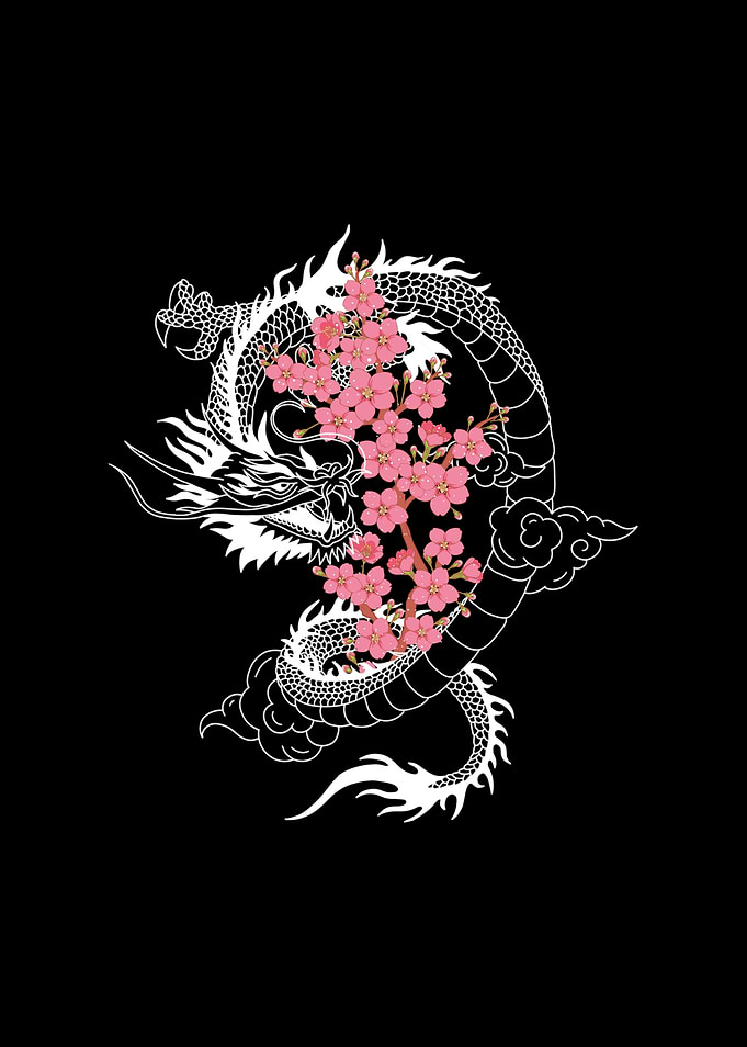 Japanese Dragon with Cherry Blossom Tree Branch Sakura Tree