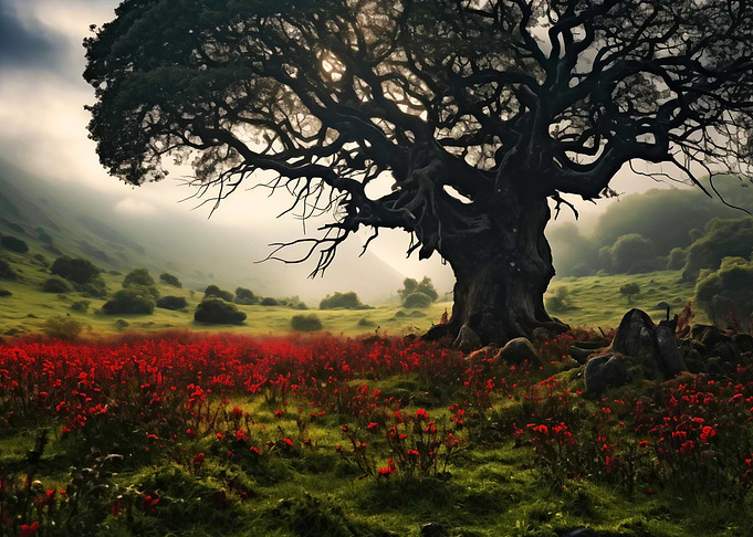Ancient Tree in a Field of Flowers in Misty Landscape