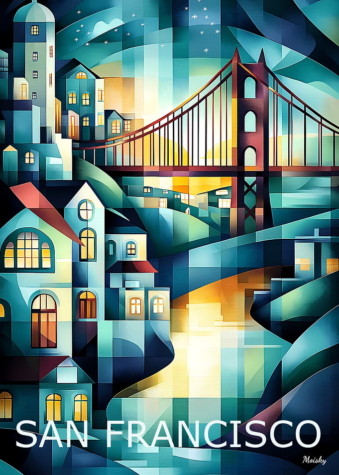 San Francisco Geometric Cityscape - Golden Gate Bridge Art