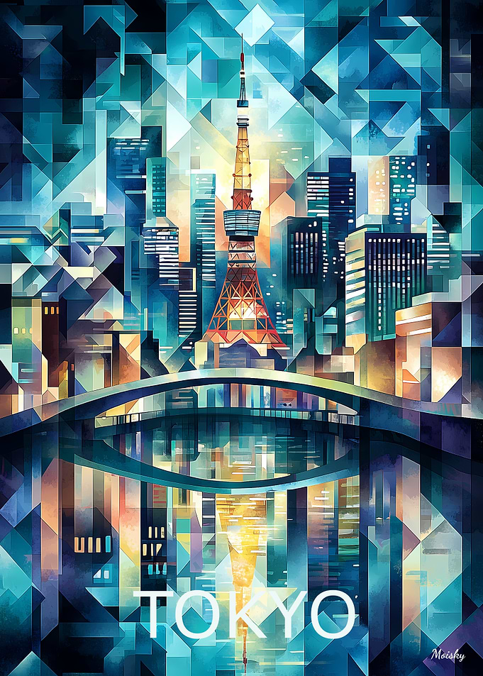 Tokyo Geometric Skyline - Tokyo Tower & Cityscape Art