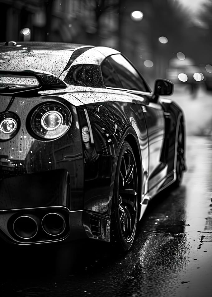 Black Nissan GTR in Rain