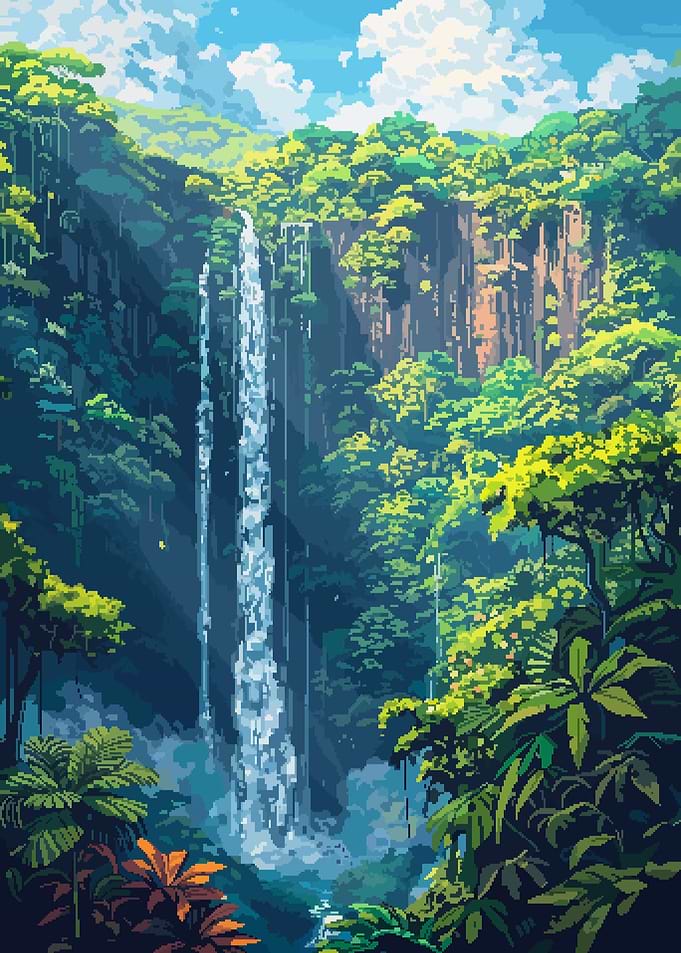 Waterfall in Lush Jungle Pixel Art