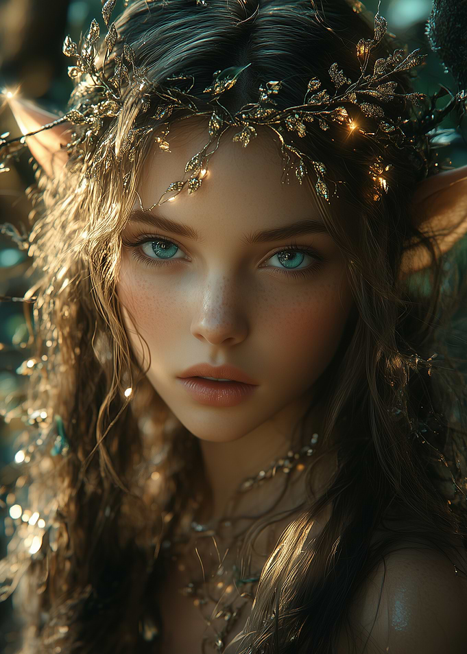 Elf Women with Green Eyes in the Forest