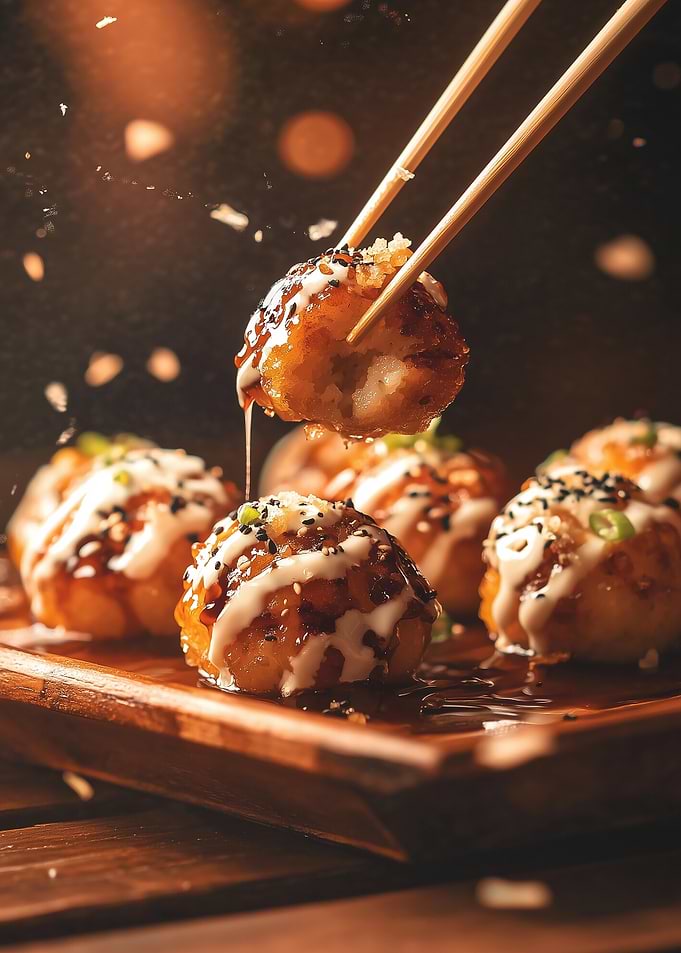 Takoyaki with Sauce and Sesame Seeds