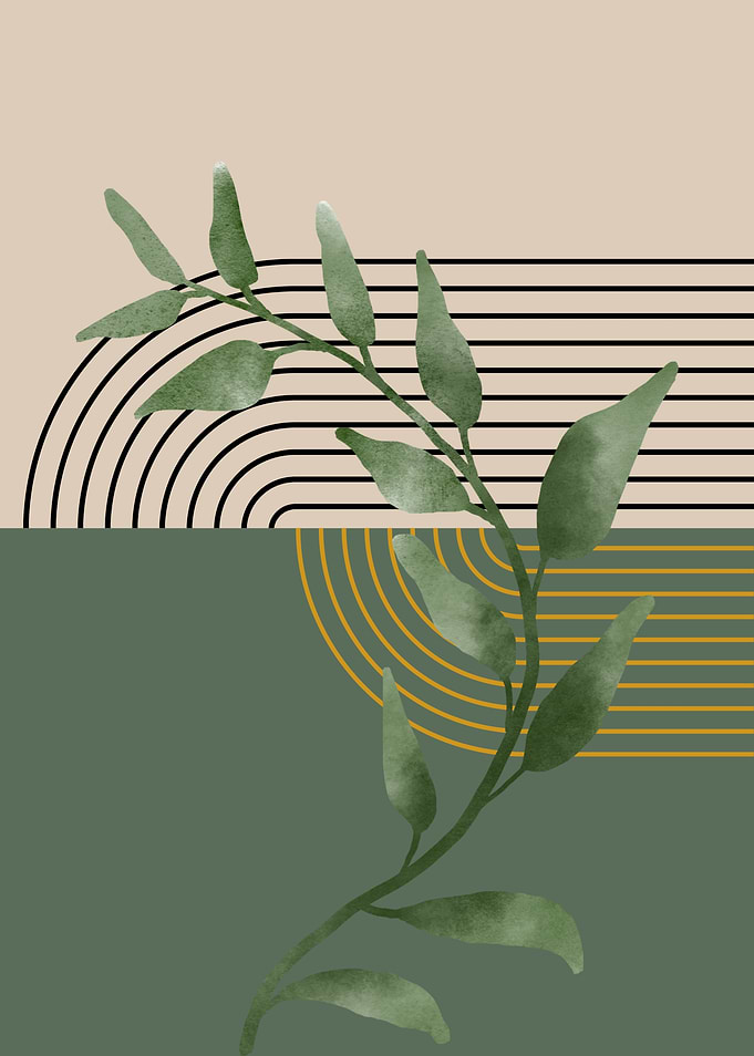 Green Branch with Geometric Lines