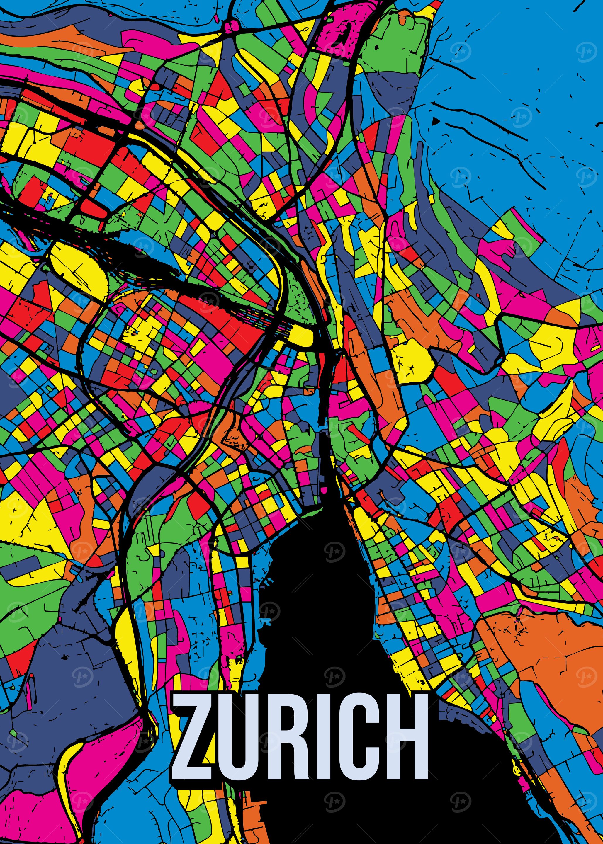 Zurich City Map Pop Art