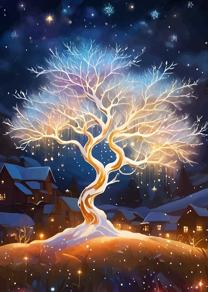 Glowing Tree in Winter Village