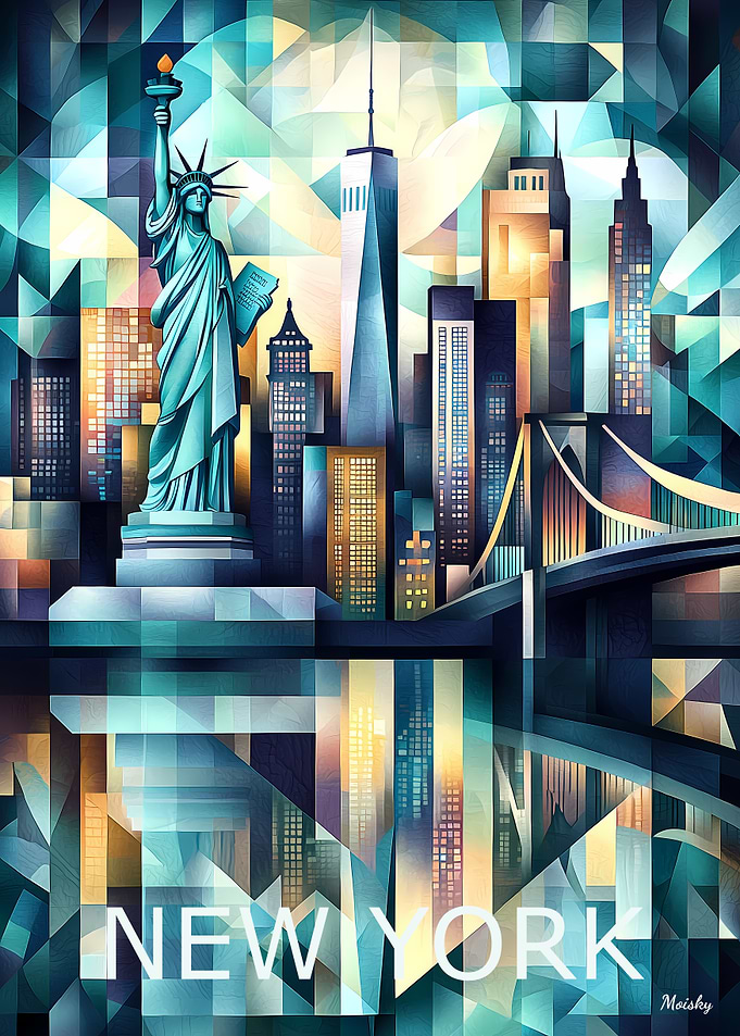 New York Geometric Skyline Art - Statue of Liberty Cityscape