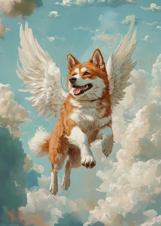 Akita Angel | Dog Remembrance Artwork | Dog with Wings in the Clouds