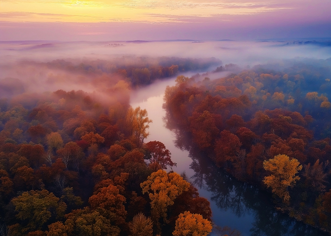 Aerial Misty River in Autumn Forest