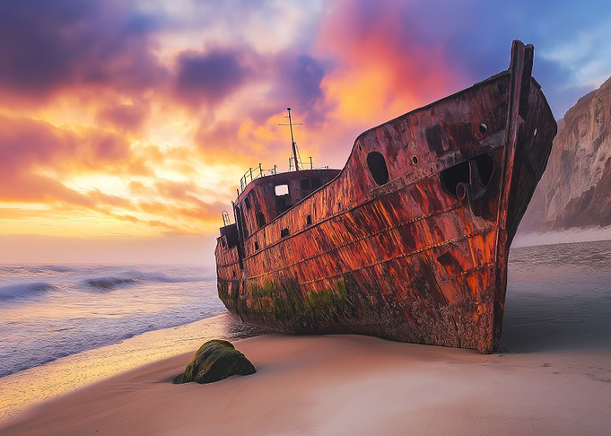 Rusty Shipwreck at Sunset on Sandy Beach Landscape