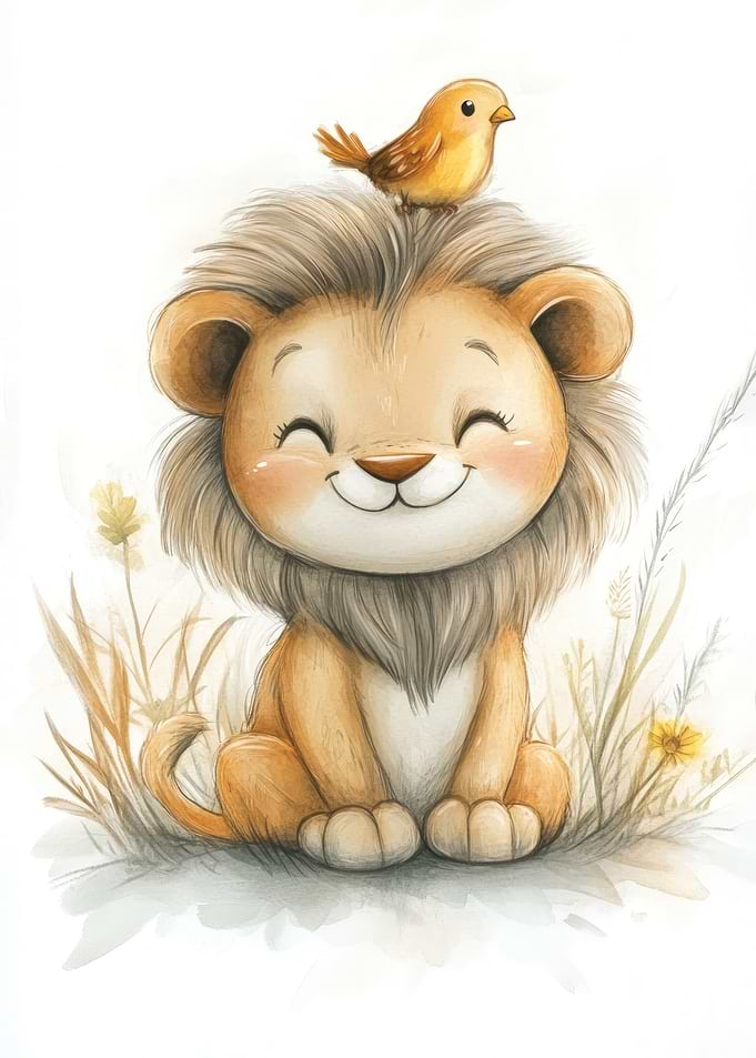 Smiling Lion with Bird