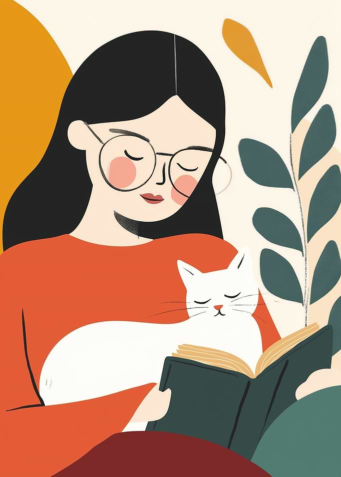 Woman Reading with Cat