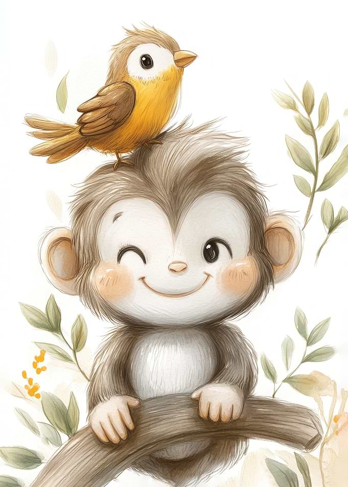 Cute Monkey and Bird