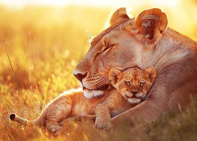 Lioness and Cub Cuddling at Sunrise in Africa