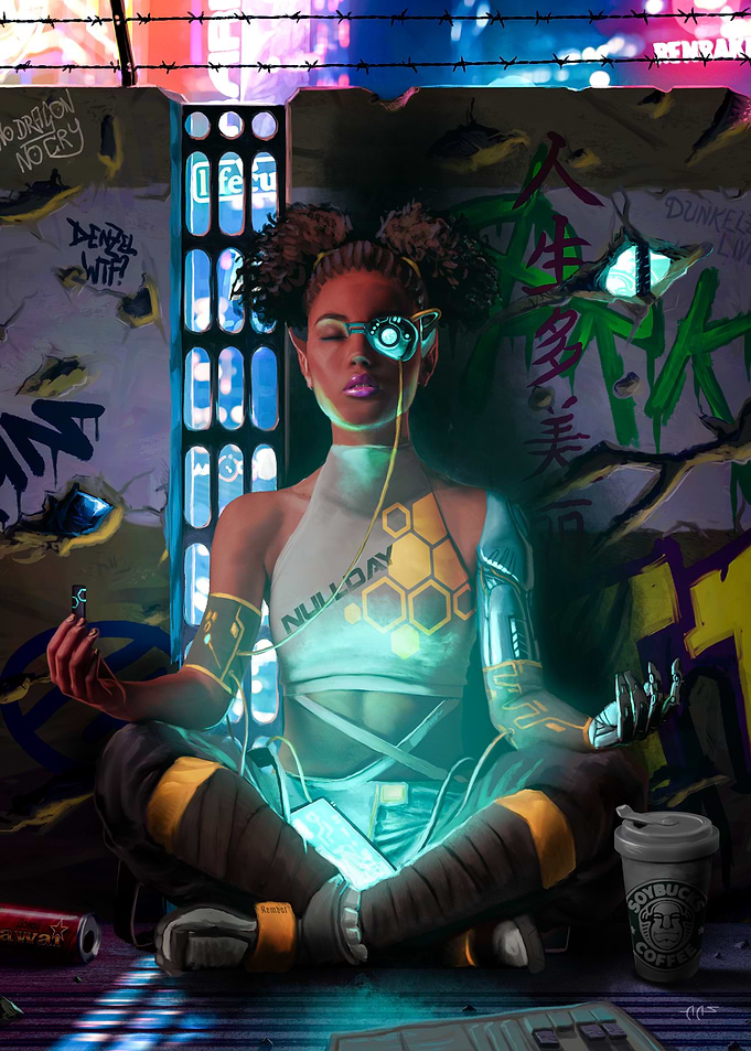 Female POC Elven Cyberpunk Hacker Diving Into The Matrix