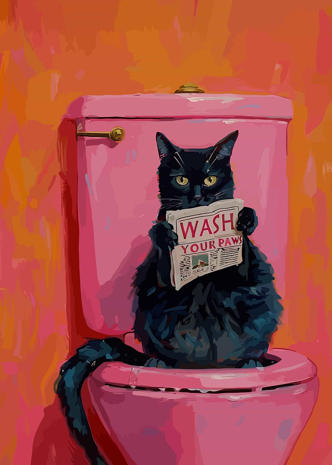Cat on Toilet with Newspaper