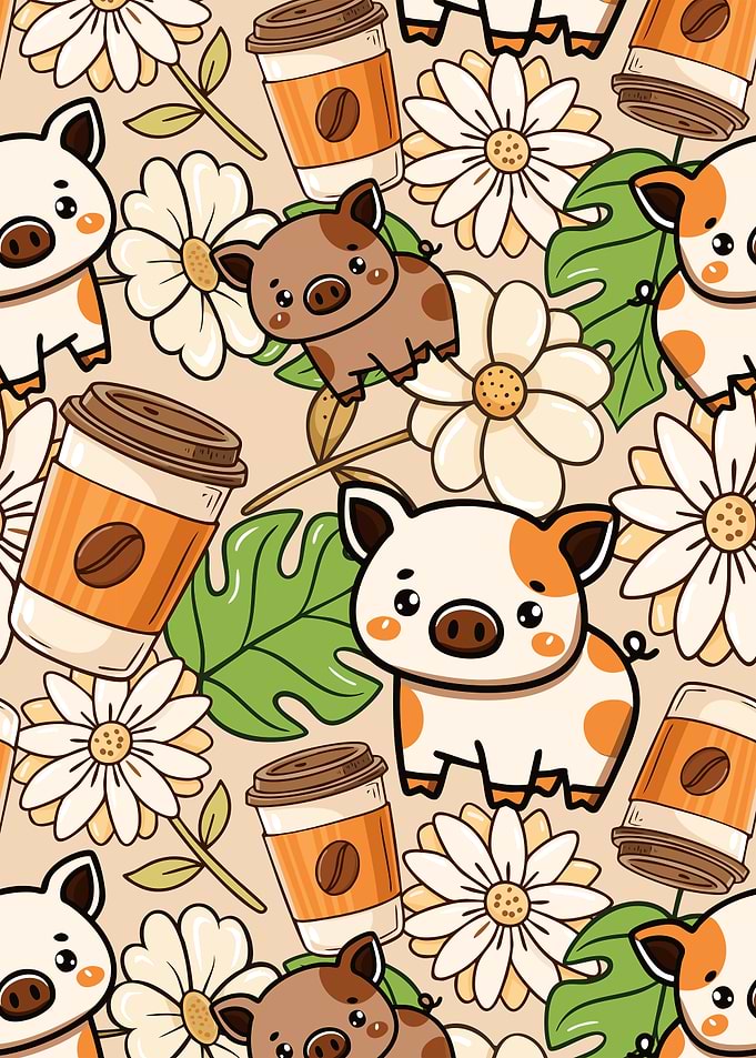 Cute Piglets & Coffee Pattern
